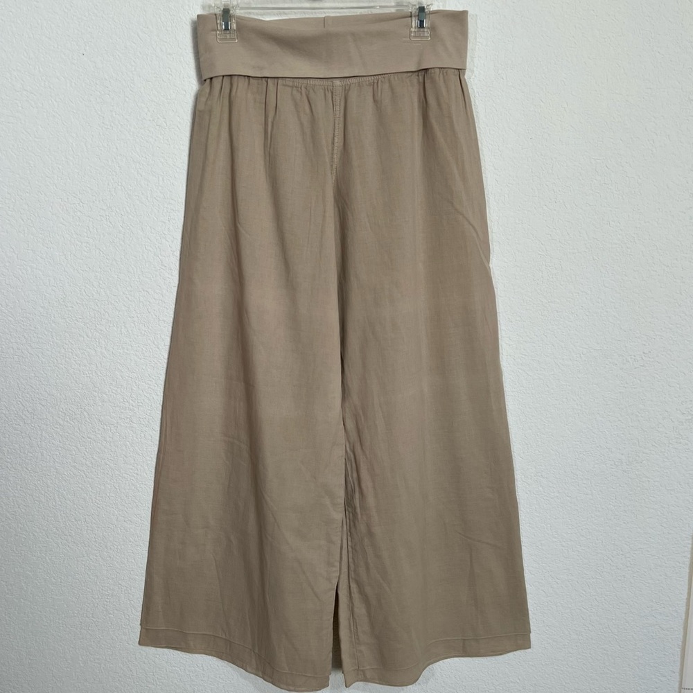 Hard Tail Beige Cotton Flat Front Roll Waist Wide Leg Pants  Yoga  Lounge  Barre